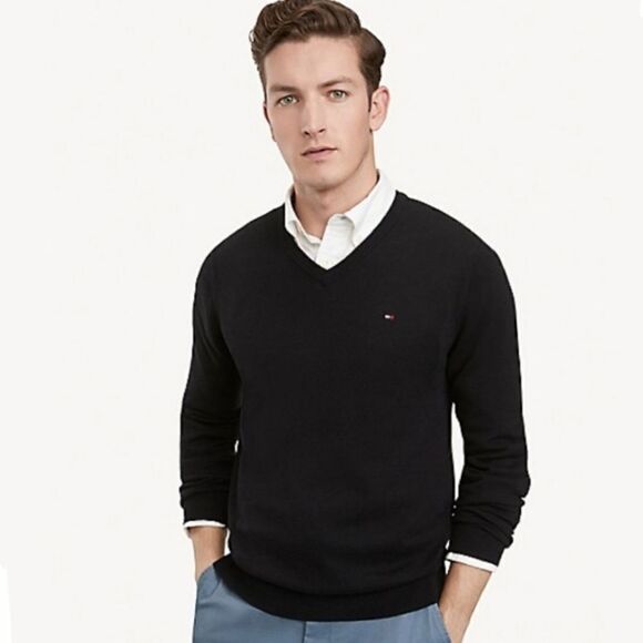 Tommy Hilfiger Mens Flag Logo V-Neck Black Pullover Long Sleeve Sweater L - Picture 1 of 7